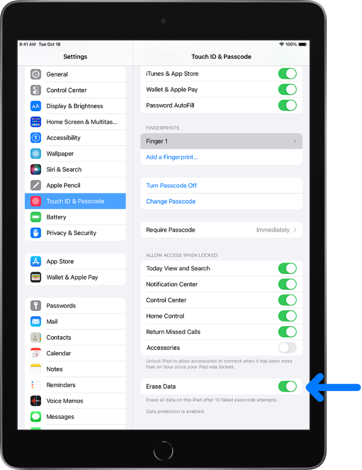Vadības ierīce Erase Data, kas atrodas lietotnes Settings ekrāna Touch ID & Passcode apakšdaļā.