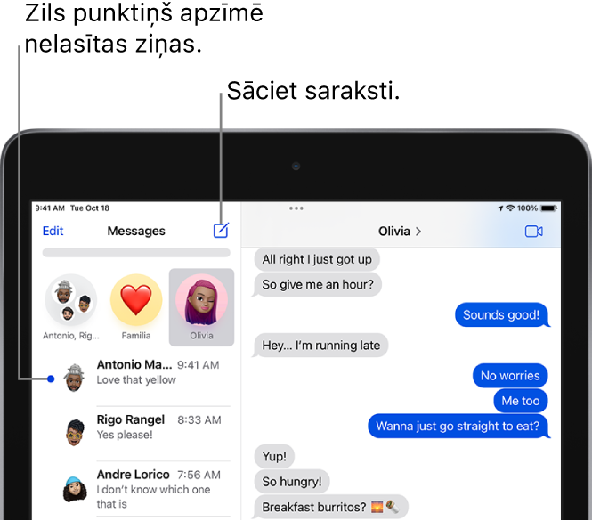 Saraksts Messages ar pogu Edit augšējā kreisajā stūrī un pogu FaceTime augšējā labajā stūrī. Zils punktiņš pa kreisi no ziņas norāda, ka tā nav izlasīta.