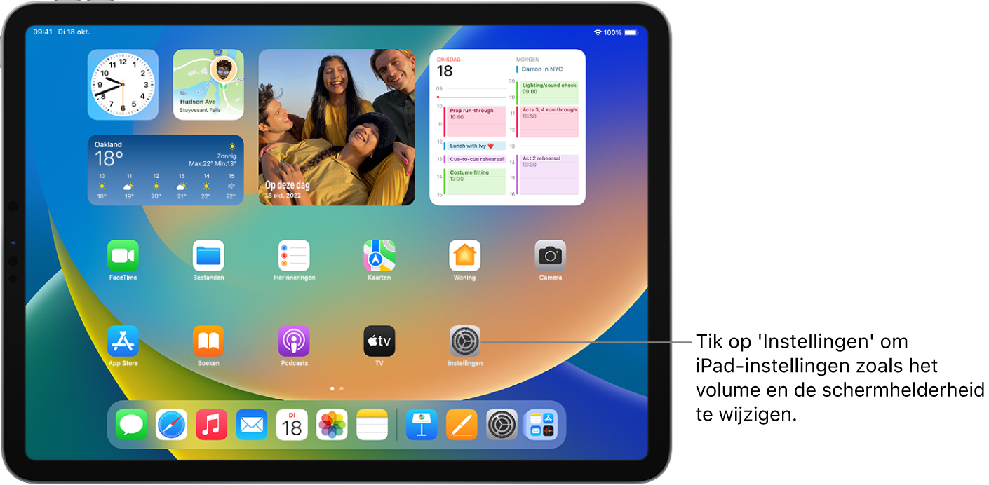 Het beginscherm met diverse appsymbolen, zoals het symbool van de Instellingen-app, waarop je kunt tikken om het volume, de schermhelderheid en andere iPad-instellingen te wijzigen.