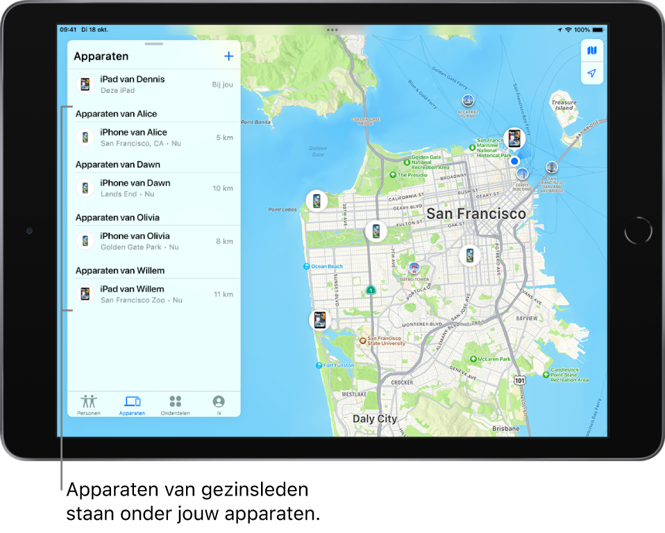 Het tabblad 'Apparaten' in Zoek mijn. Bovenaan de lijst staat de iPad van Dennis. Daaronder staan de apparaten van Alice, Dawn, Olivia en Willem.