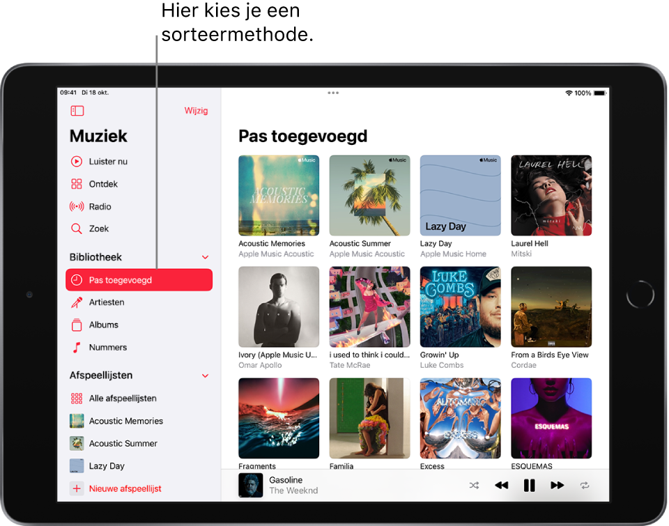 Het bibliotheekscherm met links de navigatiekolom waarin de woorden 'Onlangs toegevoegd' zijn gemarkeerd. Rechts zie je onlangs toegevoegde afspeellijsten en albums. De minispeler wordt rechtsonder weergegeven.