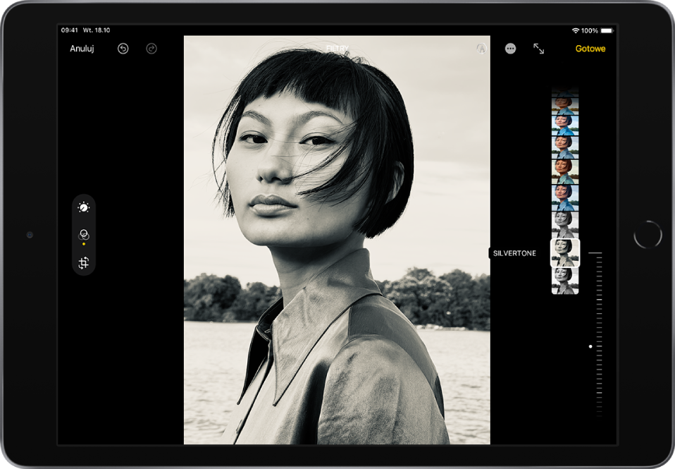 Ekran edycji zdjęcia. Na środku widoczne jest zdjęcie. Po lewej stronie ekranu znajdują się przyciski Skoryguj, Filtry oraz Kadruj. Zaznaczony jest przycisk Filtry. Po prawej stronie ekranu znajdują się opcje filtra oraz suwak do regulowania poziomu efektu filtra. W lewym górnym rogu znajduje się przycisk Anuluj. W prawym górnym rogu są przyciski Oznaczenia, Tryb pełnoekranowy oraz Gotowe.