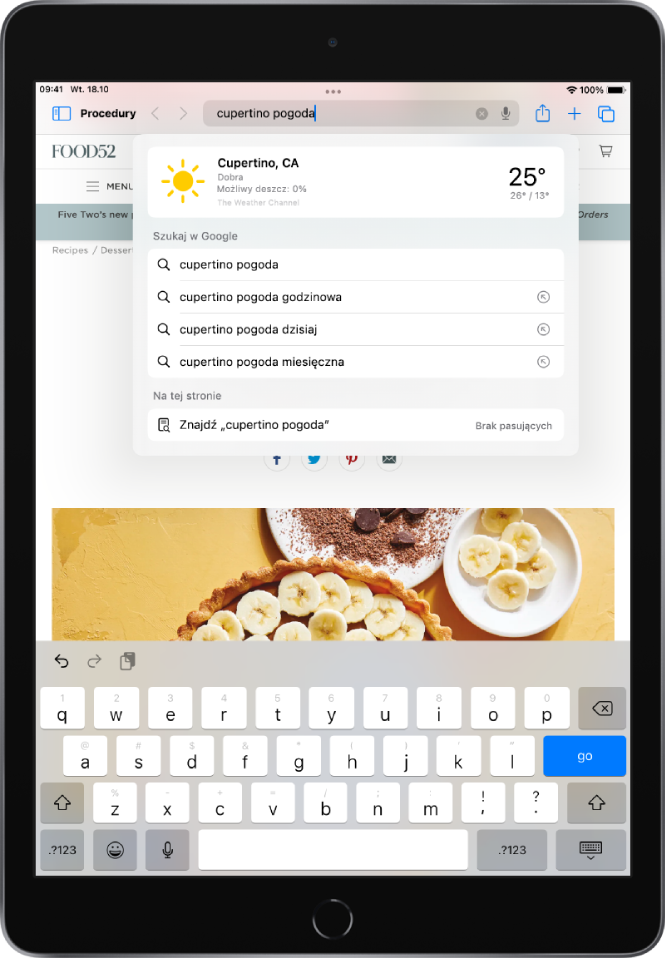 Strona www z frazą „kupertino łeder“ w polu wyszukiwania. Niżej wyświetlane są sugestie wyszukiwania w Google oraz wystąpienia frazy „kupertino łeder“ na bieżącej stronie www.