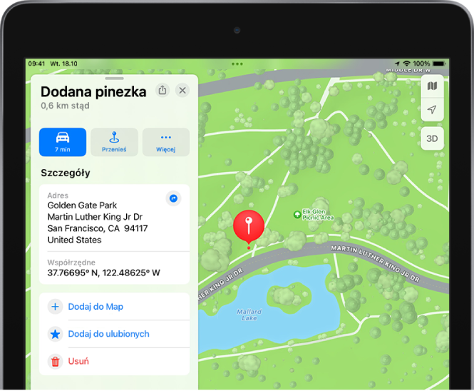 Mapa parku golden gejt z pinezką upuszczoną w pobliżu jeziora i krętej ulicy.