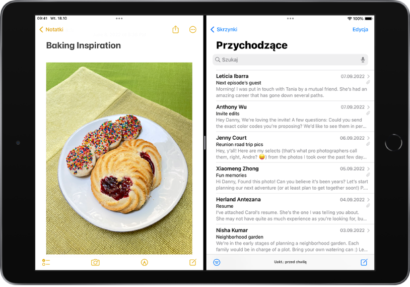 Po lewej stronie ekranu otwarta jest aplikacja Notatki. Po prawej stronie ekranu otwarta jest aplikacja Poczta. Między aplikacjami znajduje się regulowany separator, przy użyciu którego można zmienić wielkość widoku Splyt Wju.