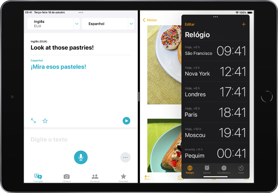 O app Traduzir está aberto no lado esquerdo da tela, o app Notas está aberto à direita e o Relógio está aberto em uma janela de Slide Over que cobre parcialmente o app Notas.