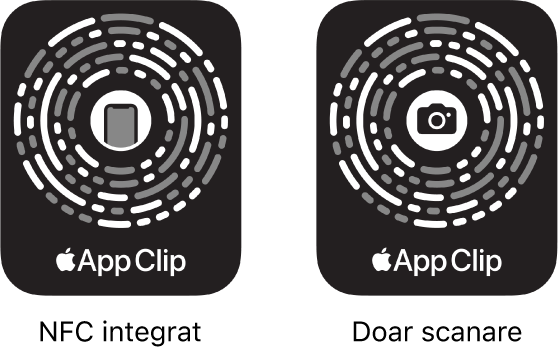 În stânga, un cod App Clip integrat în NFC cu pictograma unui iPhone în centru. În dreapta, un cod App Clip doar pentru scanare cu pictograma unei camere în centru.