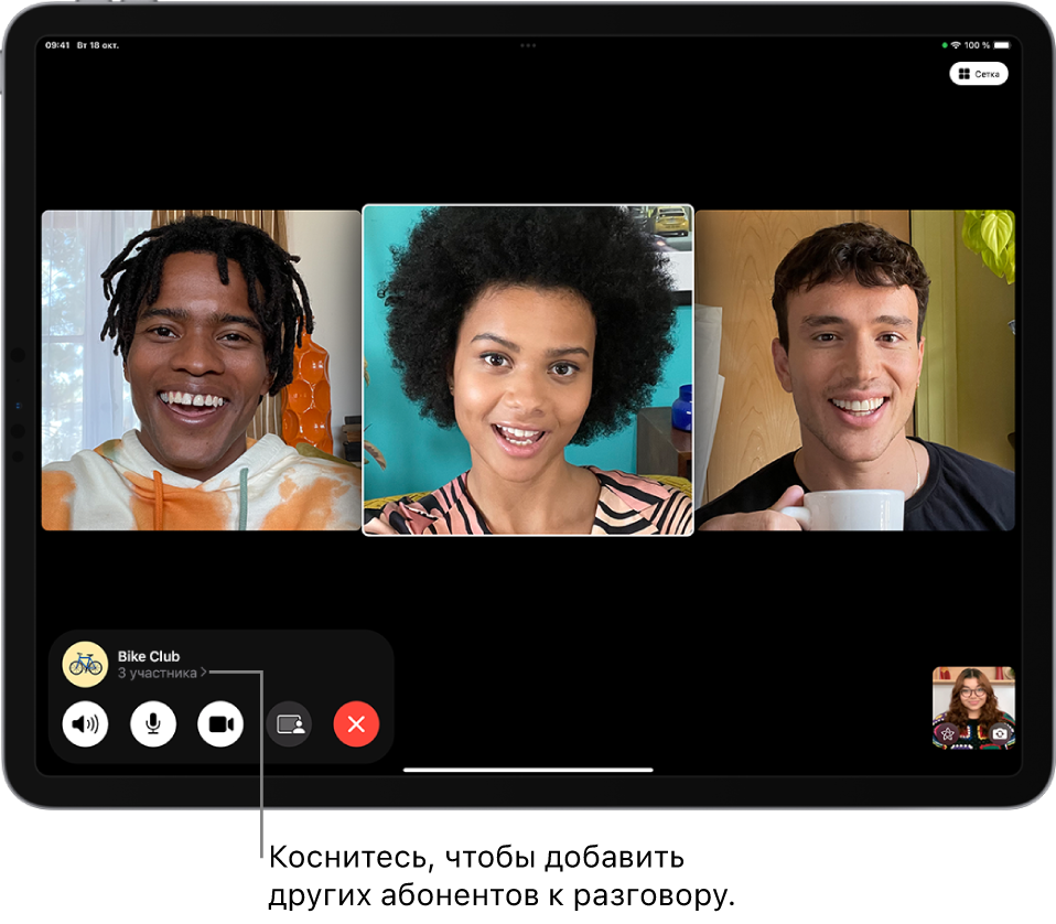 Групповой вызов FaceTime с четырьмя участниками, включая организатора. Каждый абонент показан наотдельной плитке. Внизу экрана расположены элементы управления FaceTime, в том числе кнопки «Аудио», «Микрофон», «Камера», «Поделиться контентом» и «Завершить». В верхней части элементов управления находятся имя или Apple ID группы или человека, с которым Вы разговариваете, и кнопка информации.