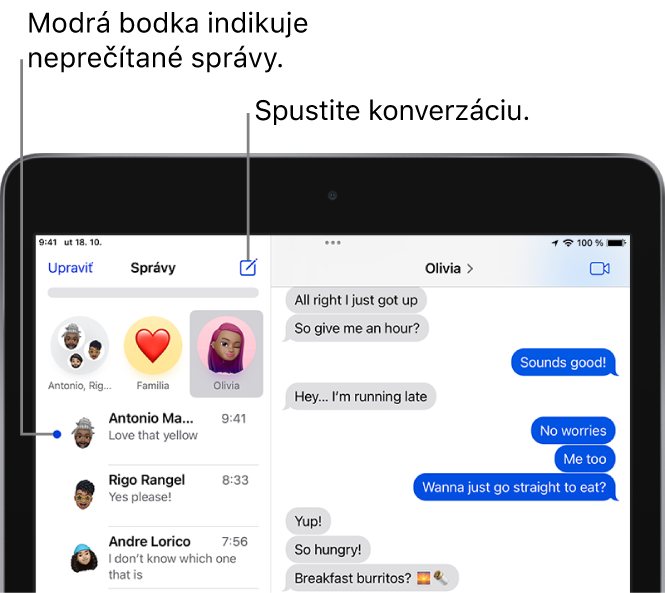Zoznam Správy s tlačidlom Upraviť vľavo hore a tlačidlom na prepnutie na FaceTime vpravo hore. Neprečítané správy sú označené modrou bodkou naľavo od správy.