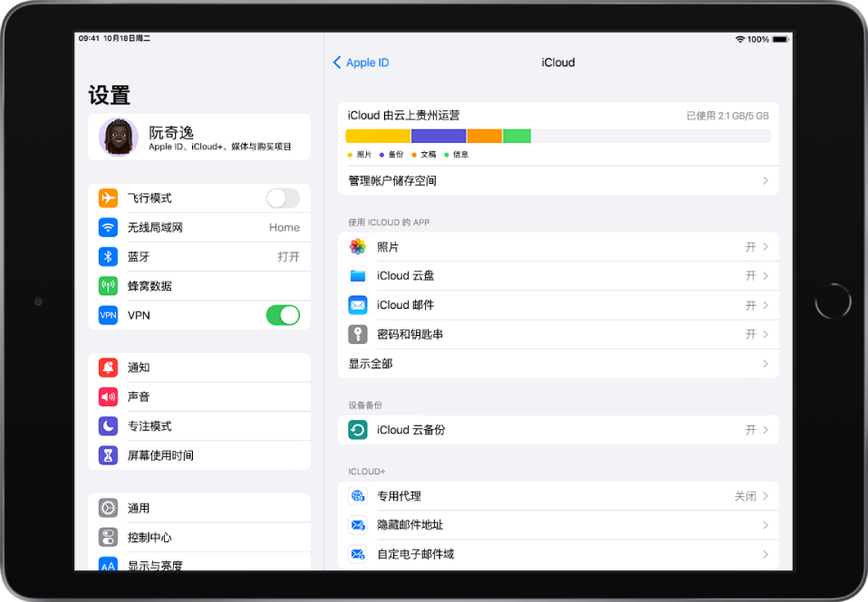 iCloud 设置屏幕,显示 iCloud 储存空间指示器和可配合 iCloud 使用的 App 及功能的列表,包括“邮件”、“通讯录”和“信息”。