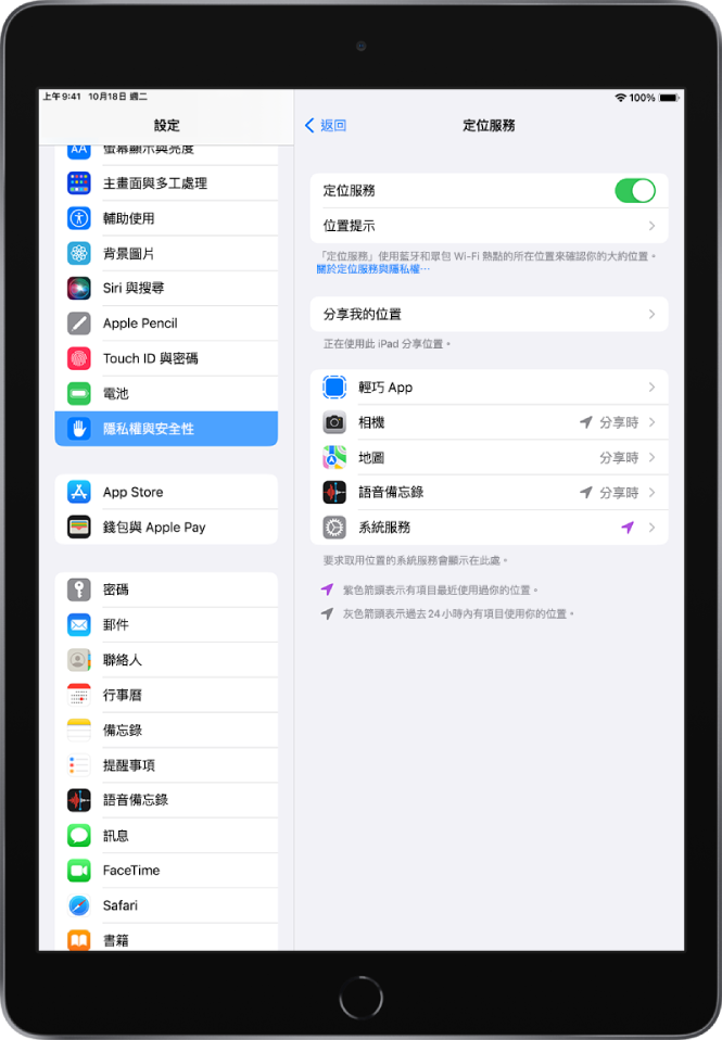 「隱私權與安全性」設定中的「定位服務」設定,含有用於分享 iPad 位置的選項,包括各個 App 的自訂設定。