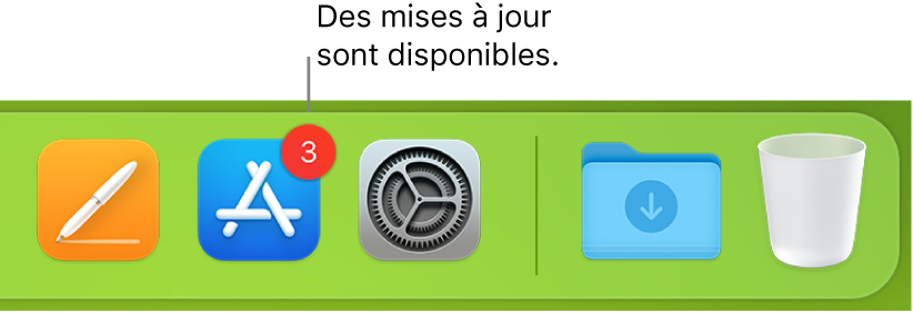 Section du Dock affichant l’icône de l’App Store avec une pastille, ce qui indique que des mises à jour sont disponibles.
