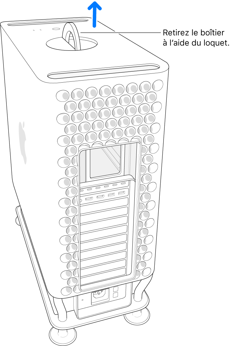 Loquet tourné et en position relevée ; boîtier en cours de retrait de l’ordinateur.