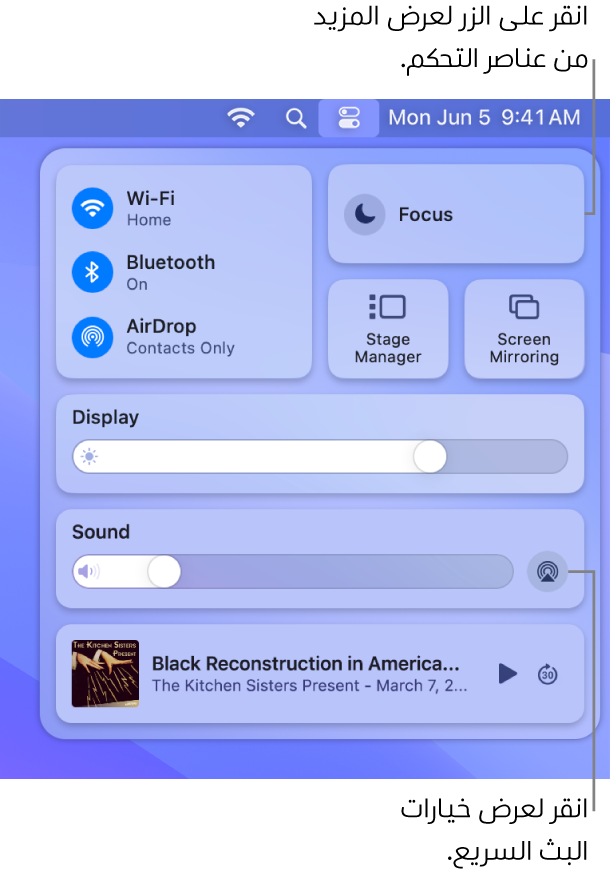 عرض مُكبَّر لمركز التحكم على Mac.