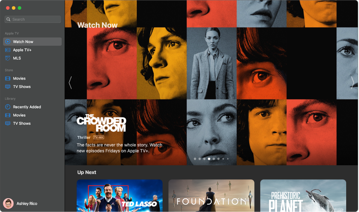 An Apple TV app window showing the Watch Now view.