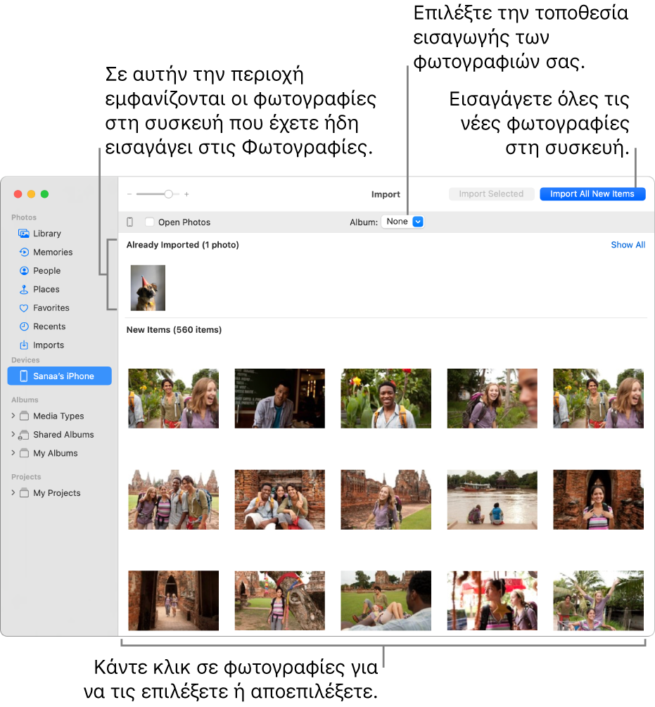 Οι φωτογραφίες στη συσκευή που έχουν ήδη εισαχθή εμφανίζονται στο πάνω μέρος του παραθύρου εισαγωγής. Οι νέες φωτογραφίες εμφανίζονται στο κάτω μέρος. Πάνω κεντρικά βρίσκεται το αναδυόμενο μενού «Άλμπουμ». Το κουμπί «Εισαγωγή όλων των νέων στοιχείων» βρίσκεται πάνω δεξιά.