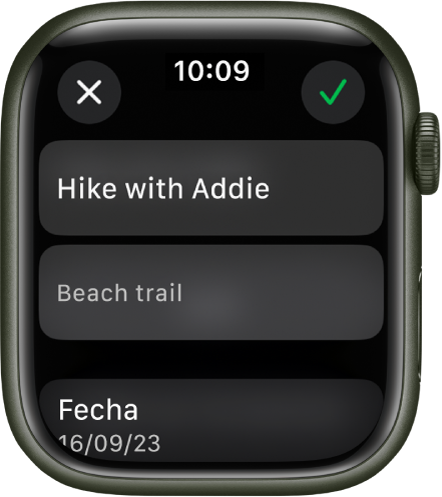 La pantalla Edición en la app Recordatorios en el Apple Watch. El nombre del recordatorio está en la parte superior con una descripción abajo. En la parte inferior está la fecha en que está programado aparecer el recordatorio. El botón Seleccionar está en la esquina superior derecha. El botón Cerrar está en la esquina superior izquierda.