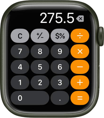Apple Watch mostrando la app Calculadora. La pantalla muestra un teclado numérico con funciones matemáticas a la derecha. En la parte superior se encuentran los botones C, más, menos y de propina.