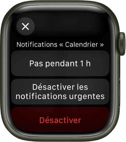 Réglages de notification sur l’Apple Watch. En haut se trouve le bouton Pas pendant 1 h. Les boutons Désactiver les notifications urgentes et Désactiver figurent en dessous.