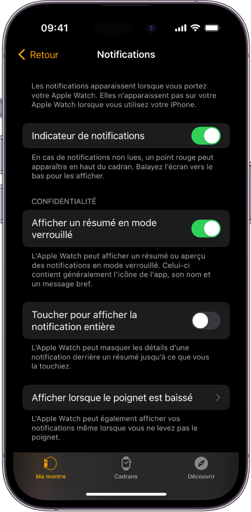 L’écran Notifications de l’app Apple Watch sur l’iPhone montrant des sources de notifications.
