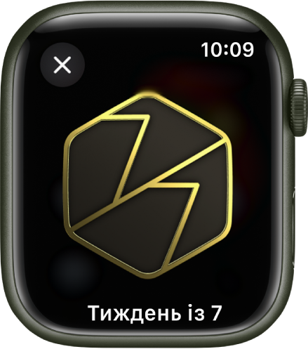 Досягнення нагороди, що відображається на Apple Watch. Під нагородою знаходиться її опис. Можна перетягнути нагороду, щоб повернути її.