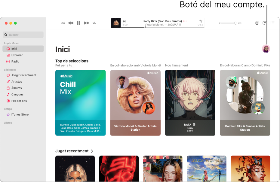 La finestra de l’Apple Music en què es mostra la pantalla d’inici. El botó “El meu compte” (que té l’aspecte d’una foto o monograma) és la cantonada superior dreta de la finestra.