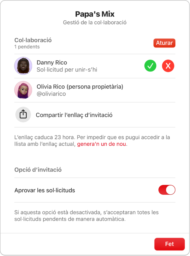El quadre de diàleg de gestió de la col·laboració.