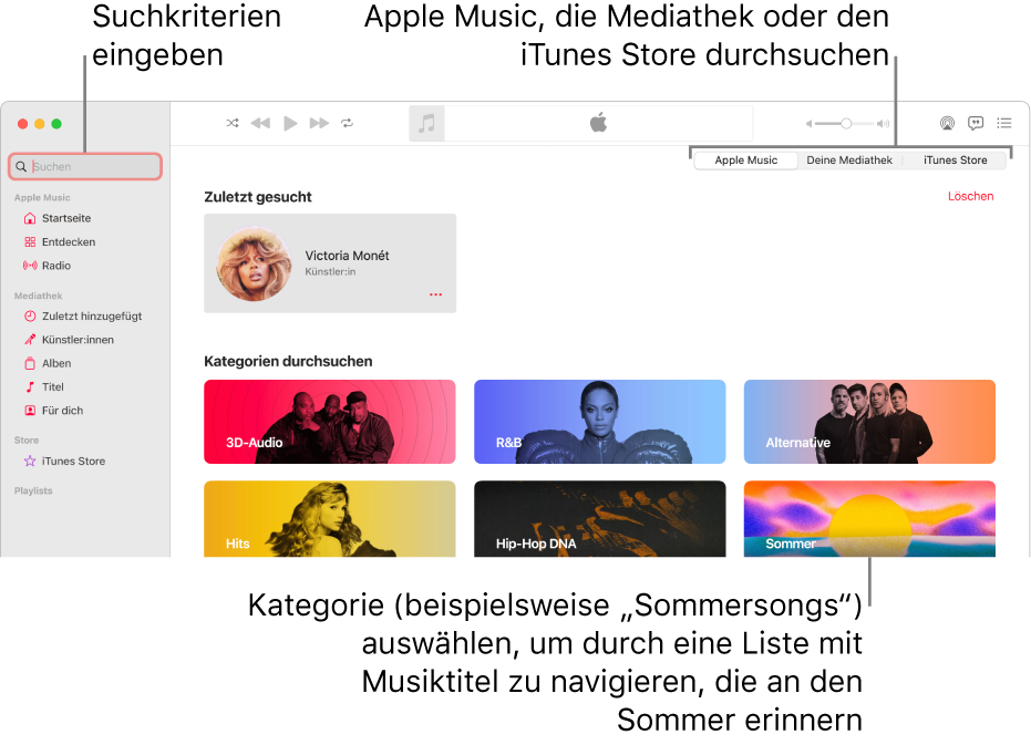 Das Apple Music-Fenster mit dem Suchfeld oben links, der Kategorienliste in der Fenstermitte und den Optionen „Apple Music“, „Deine Mediathek“ und „iTunes Store“ oben rechts. Gib Suchkriterien in das Suchfeld ein und wähle dann aus, ob Apple Music, nur deine Mediathek oder der iTunes Store durchsucht werden soll.