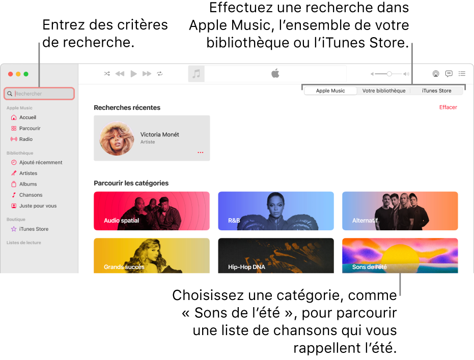 La fenêtre Apple Music, avec le champ de recherche en haut à gauche de la fenêtre, la liste de catégories au centre de la fenêtre et « Apple Music », « Votre bibliothèque » et « iTunes Store » disponibles en haut à droite de la fenêtre. Entrez des critères de recherche dans le champ de recherche, puis choisissez d’effectuer la recherche dans tout Apple Music, seulement dans votre bibliothèque ou dans l’iTunes Store.