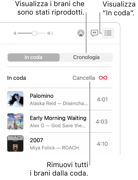 L’angolo superiore destro della finestra di Musica con il pulsante Successivo nel banner che mostra “In coda”. Fai clic sul link Cronologia per mostrare i brani riprodotti in precedenza. Fai clic sul link Cancella per rimuovere tutti i brani dalla coda.