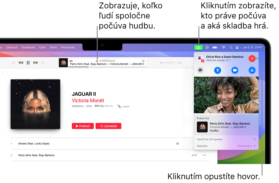 Okno Apple Music s prehrávanou skladbou počas používania SharePlay. Okno prehrávania zobrazuje, koľko ľudí počúva spolu hudbu. Na pravej strane je zobrazené kliknutie na ikonu SharePlay a môžete vidieť, kto počúva, ako aj skladbu, ktorá sa práve prehráva. Na pravej strane môžete kliknúť na tlačidlo Zavrieť.