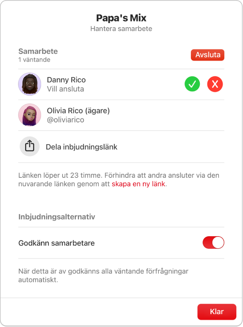 Dialogrutan Hantera samarbete.