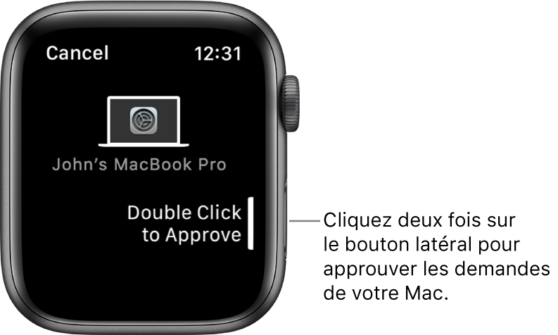 Apple Watch affichant une demande d’approbation d’un MacBook Pro.