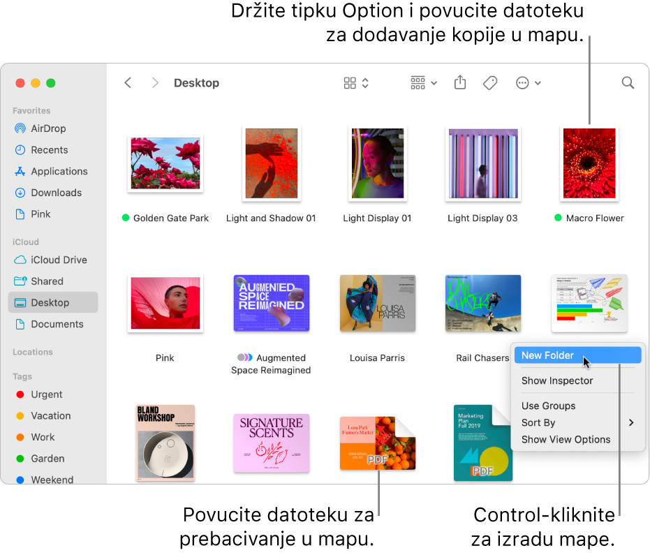 Prozor Finder koji sadrži datoteke i mape. U nazivu prečaca istaknuta je Nova mapa.