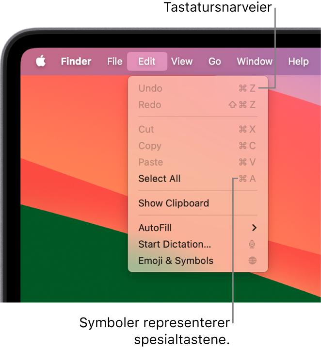 Rediger-menyen er åpen i Finder. Tastatursnarveier vises ved siden av menyobjektene.