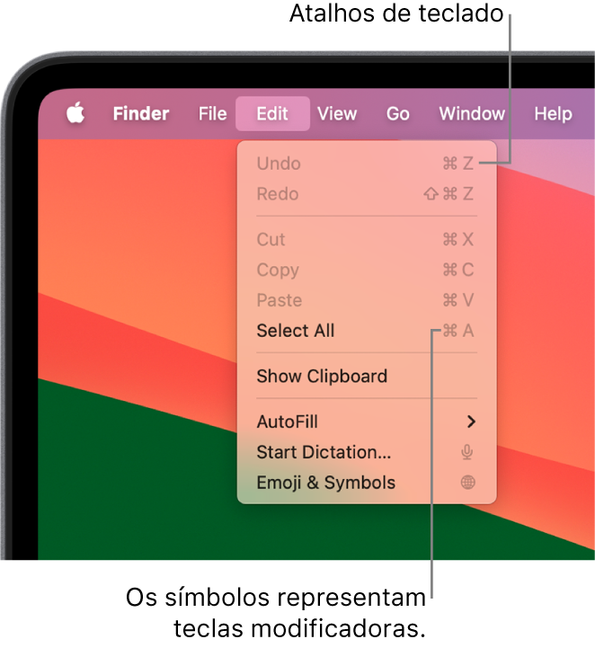 O menu Edição é aberto no Finder; surgem atalhos de teclado junto aos elementos do menu.