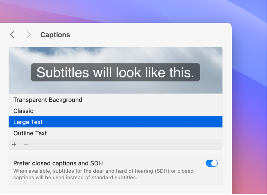 Inställningsfönstret Texter visar ett exempel på undertextning i stor storlek.