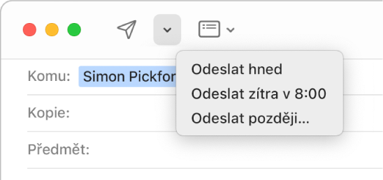 Nabídka v okně zprávy s různými volbami pro odesílání e-mailů – Odeslat hned, Odeslat zítra v 8:00 a Odeslat později