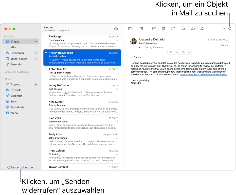 Ein Mail-Fenster mit der Seitenleiste links. Die Taste „Senden widerrufen“ befindet sich unten in der Seitenleiste.