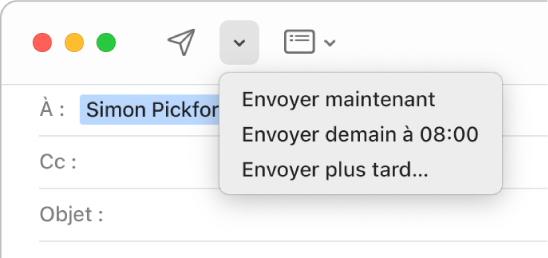 Menu dans la fenêtre d’un message présentant différentes options pour l’envoi d’un e-mail : Envoyer maintenant, Envoyer demain à 8 h et Envoyer plus tard.