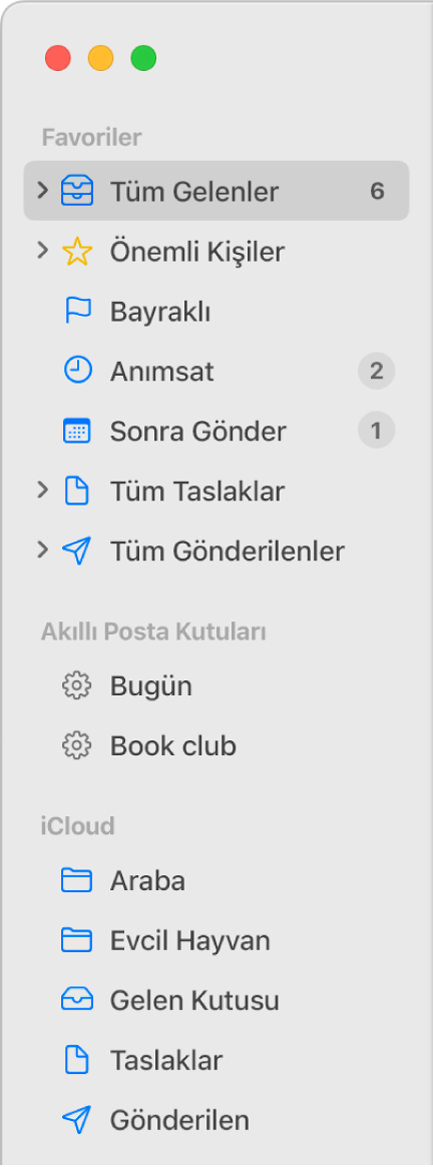 Kenar çubuğunun üst kısmında standart posta kutularını (Gelen Kutusu, Taslaklar vb.) ve bunların yanı sıra Mac’imde ve iCloud bölümlerinde yarattığınız posta kutularını gösteren Mail kenar çubuğu.