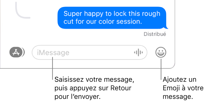 Une transcription dans la fenêtre Messages avec le champ du message affiché au bas de la fenêtre.
