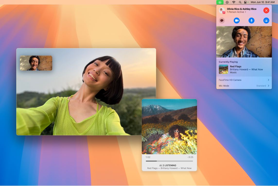 تعرض نافذة فيس تايم مكالمة مع المشاركين باستخدام مشاركة التشغيل للاستماع إلى ألبوم معًا.