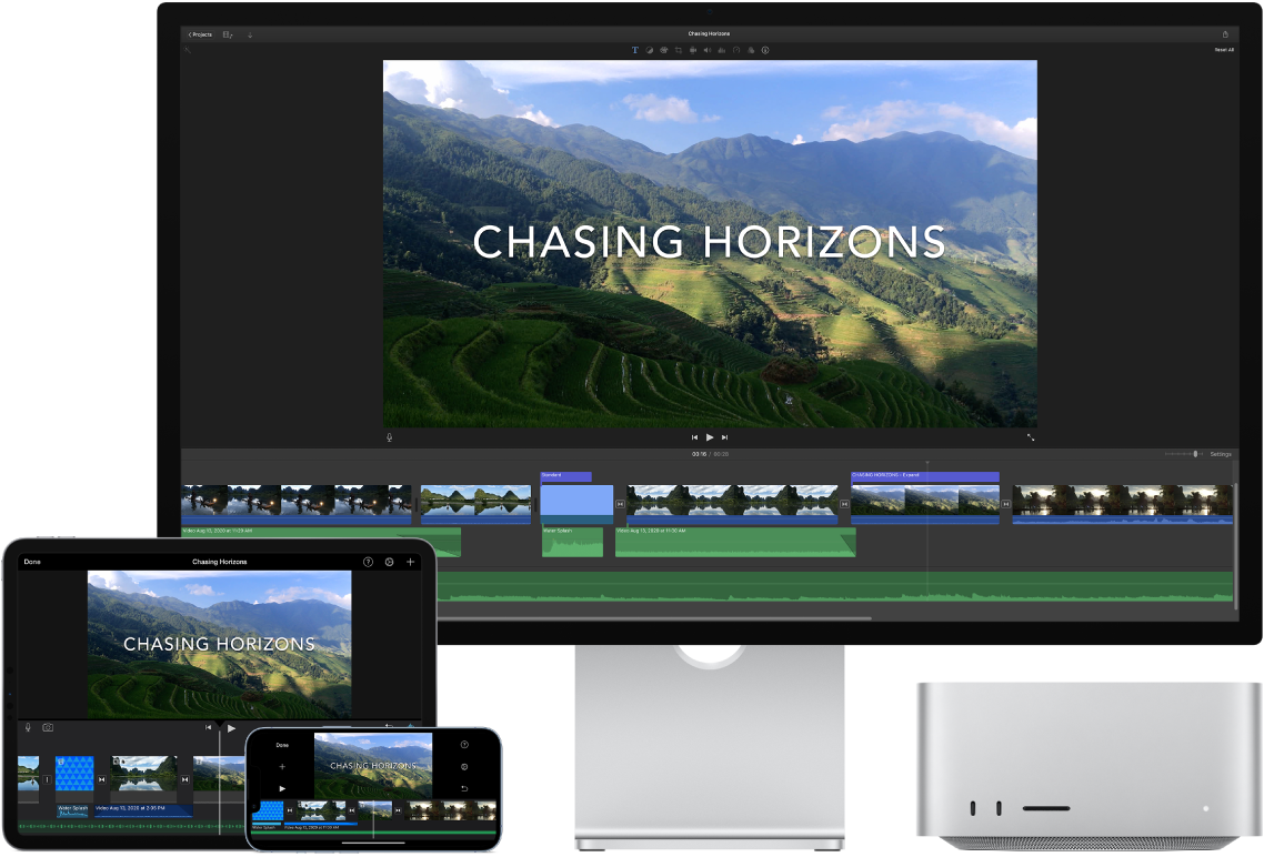Det samme indhold vist på en Mac Studio, iPad og iPhone.
