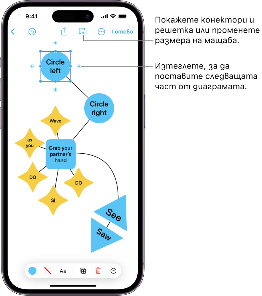 Показва се диаграма в табло във Freeform с конектори върху избрана форма и инструментите за форматиране на формата се виждат в долната страна на екрана.