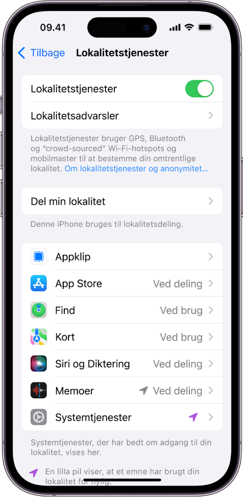 Skærmen Lokalitetstjenester med indstillinger til deling af din iPhones lokalitet, herunder specielle indstillinger til de enkelte apps.