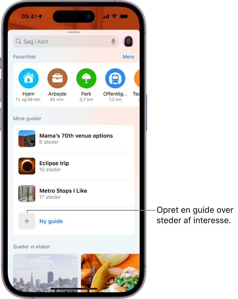 Et søgekort i Kort med flere specielle guider under Mine guider og knappen Ny guide i bunden.
