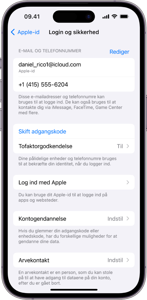 Skærmen Login og sikkerhed i Indstillinger.