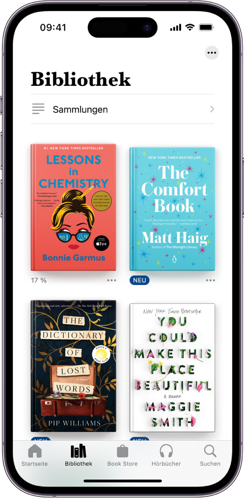 Der Bildschirm „Bibliothek“ in der App „Bücher“. Oben auf dem Bildschirm befindet sich die Taste „Sammlungen“. In der Mitte des Bildschirms werden Buchcover angezeigt. Unten auf dem Bildschirm sind von links nach rechts die Tabs „Home“, „Bibliothek“, „Book Store“, „Hörbücher“ und „Suchen“ zu sehen. Der Tab „Bibliothek“ ist ausgewählt.