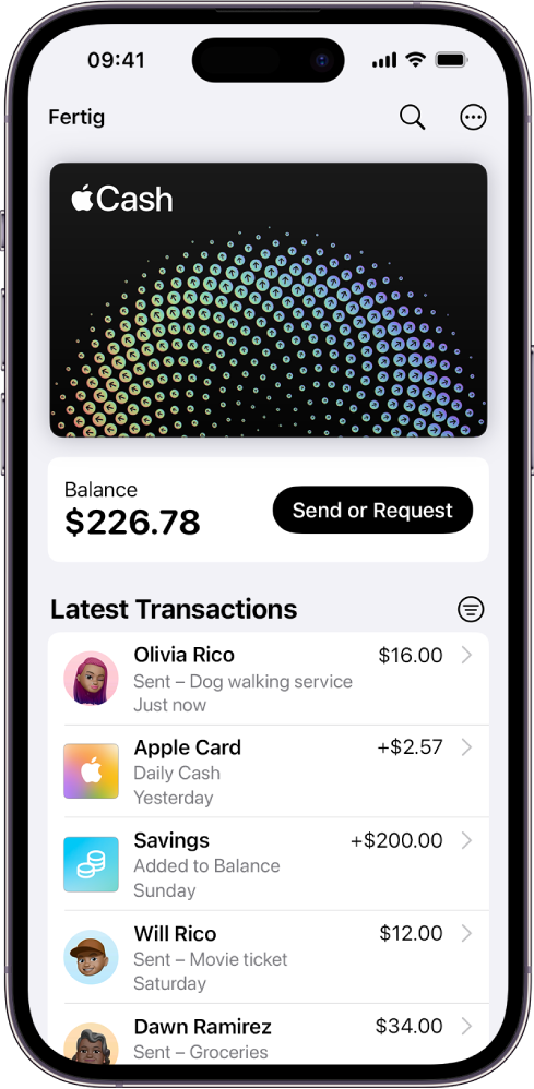 Die Apple Cash-Karte in der App „Wallet“ mit der Taste „Mehr“ oben rechts, dem aktuellen Kontostand, den Tasten „Bezahlen“ oder „Anfordern“ in der Mitte und den neuesten Transaktionen unten.